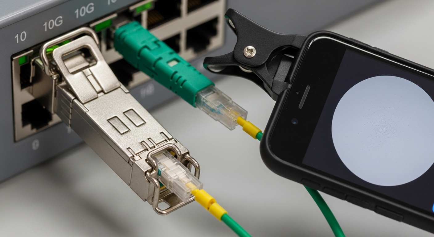 Close-up macro photography of an installed SFP+ transceiver latch on a 10G switch, with a fiber patch cord connected and a sm