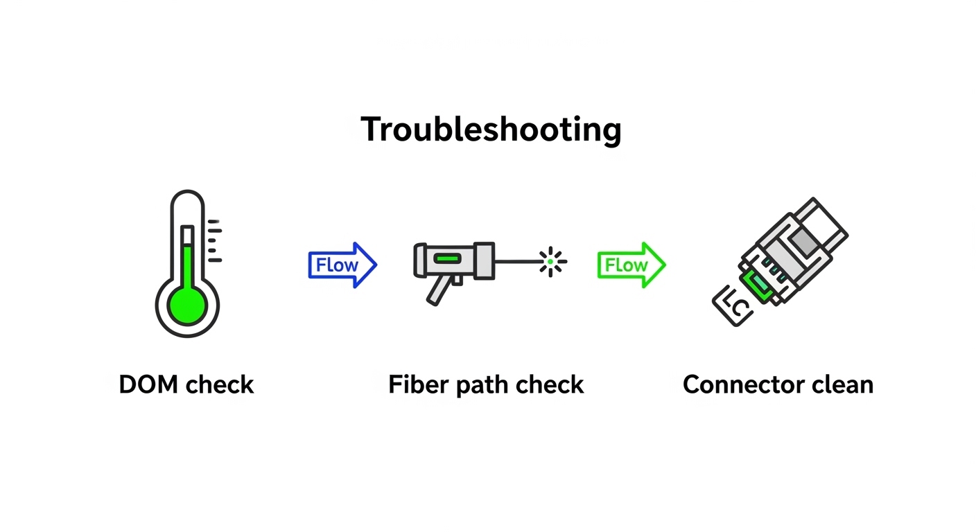 Vector illustration concept art showing a three-stage troubleshooting flowchart labeled “DOM check,” “Fiber path check,” “Con