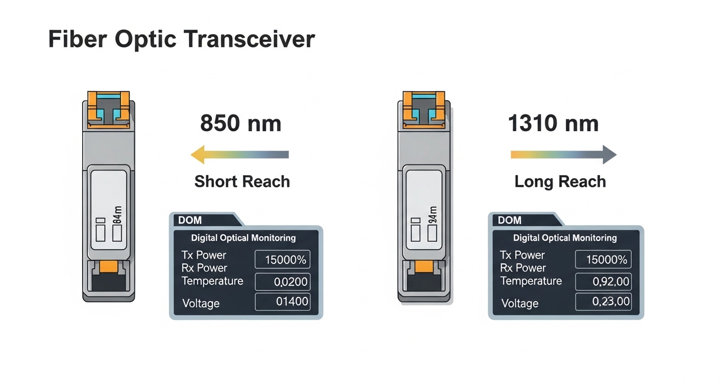 Technical illustration comparing two fiber optic transceiver types on a white background; labeled wavelength bands (850 nm vs