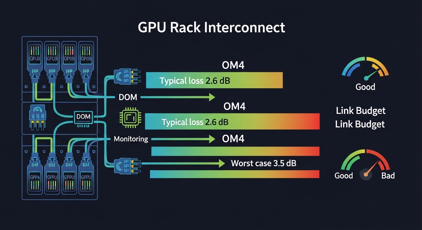 Vector illustration of a GPU rack interconnect diagram with color-coded fiber loss budget bars, showing OM4 paths with 2.6 dB