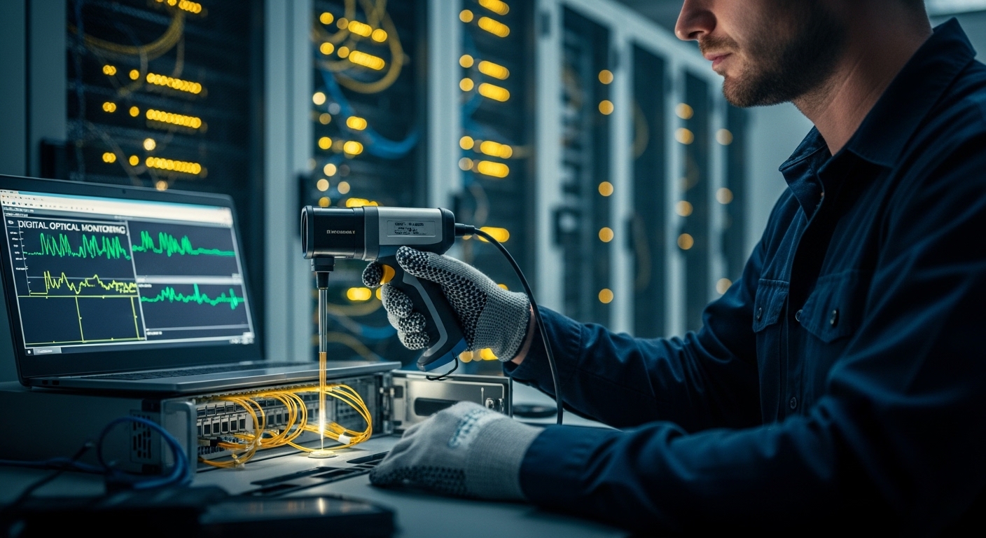Photojournalistic lifestyle scene inside a server room: a field engineer wearing ESD-safe gloves holds a fiber inspection sco