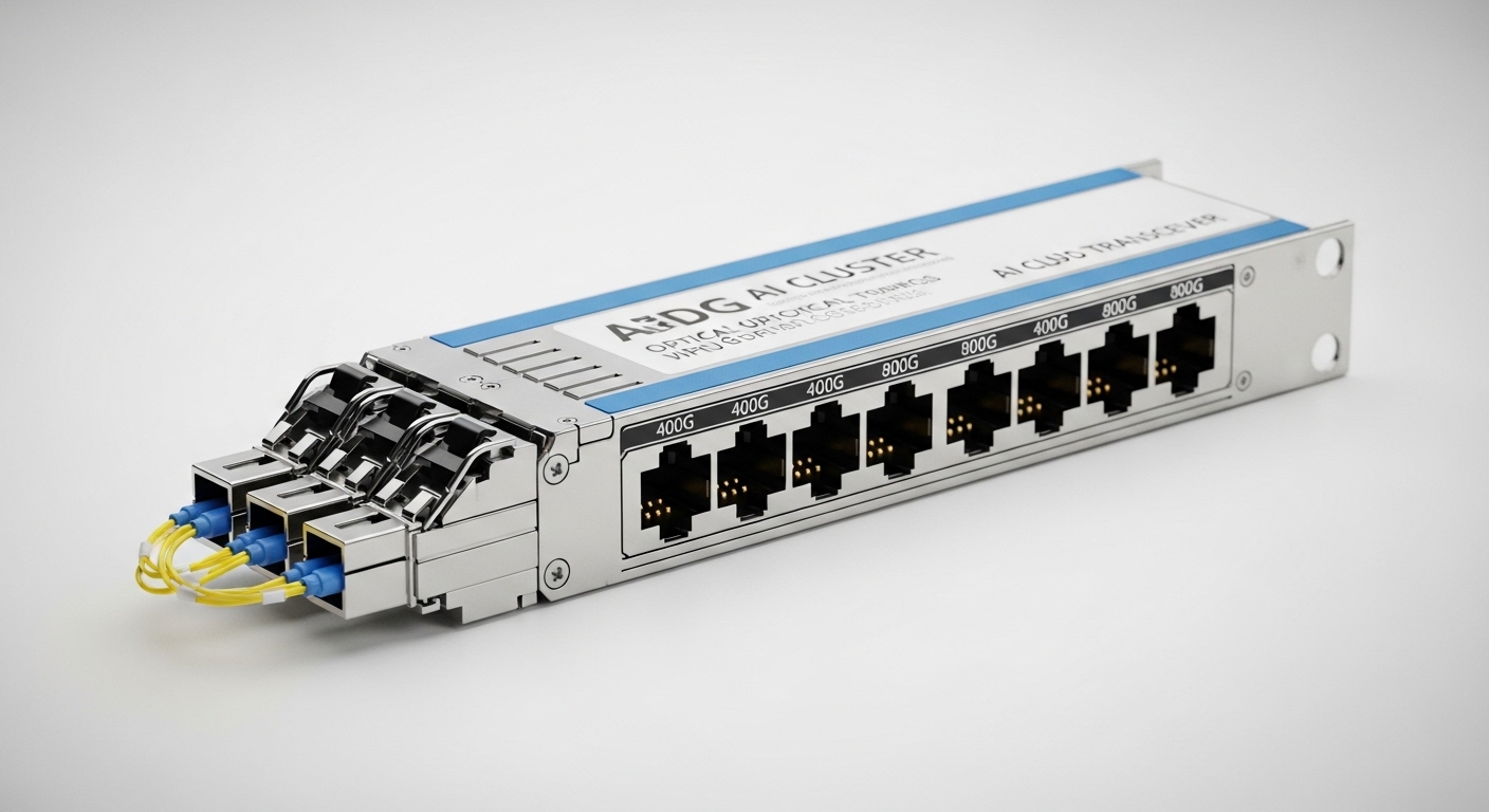 Professional product photography of AI cluster optical transceiver, AI Cluster Optical Interconnects: 400G and 800G for GPU R