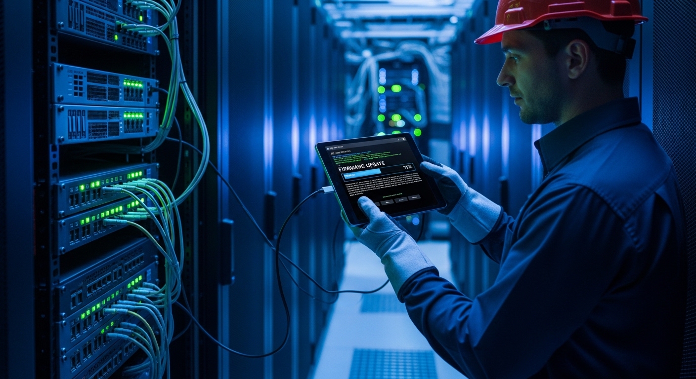 Photorealistic lifestyle scene of a data center aisle at night; a field engineer in a hard hat uses a tablet connected to a m