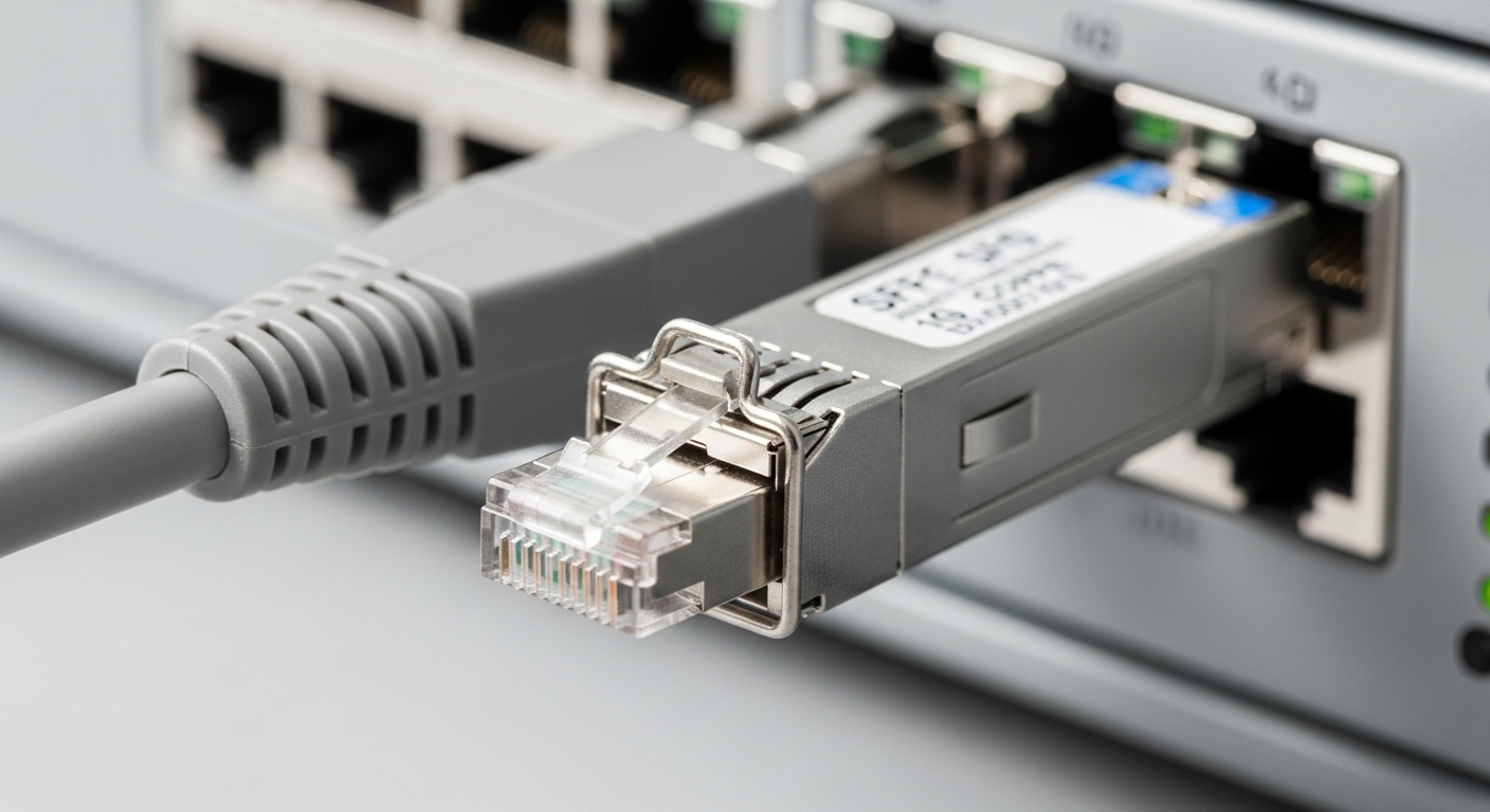 Close-up macro photography of an RJ-45 cable plugged into a 1G SFP copper transceiver module inserted into a network switch p
