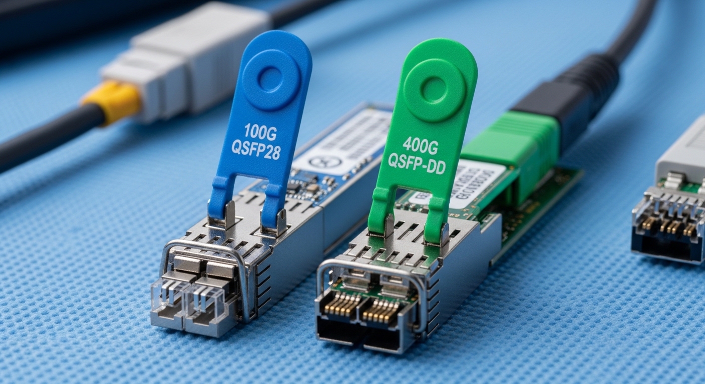 A macro photography scene of two optical transceiver modules side by side on an anti-static mat, one labeled 100G QSFP28-styl