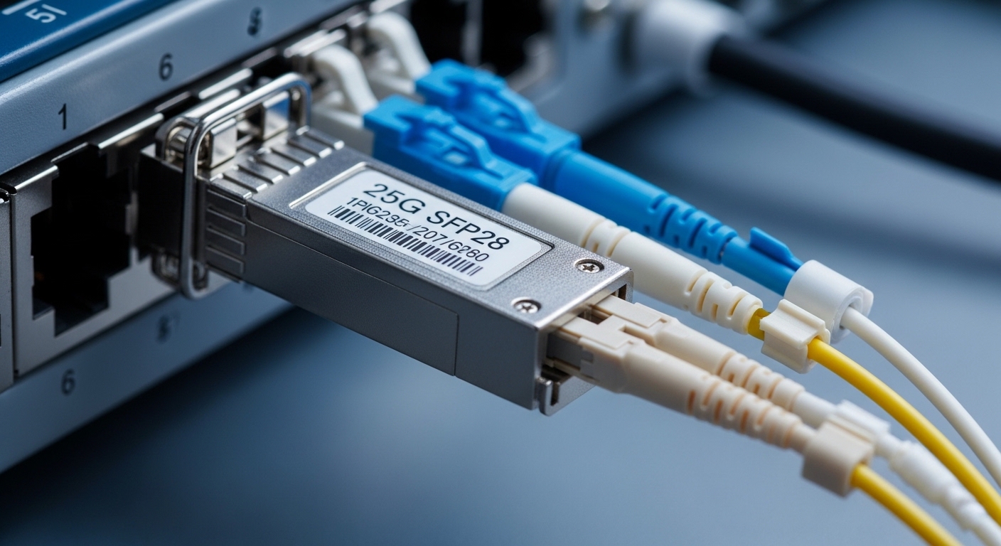 Close-up photography of a 25G SFP28 optical transceiver inserted into a network switch port, showing LC duplex fiber connecto