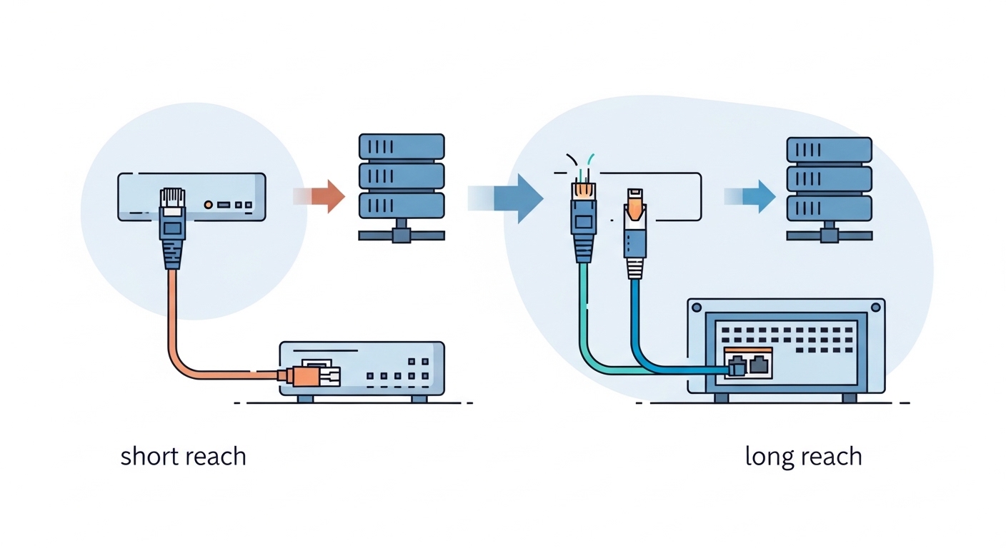 Illustrated concept art showing a small network rack with two paths: one copper RJ-45 path labeled “short reach” and one fibe