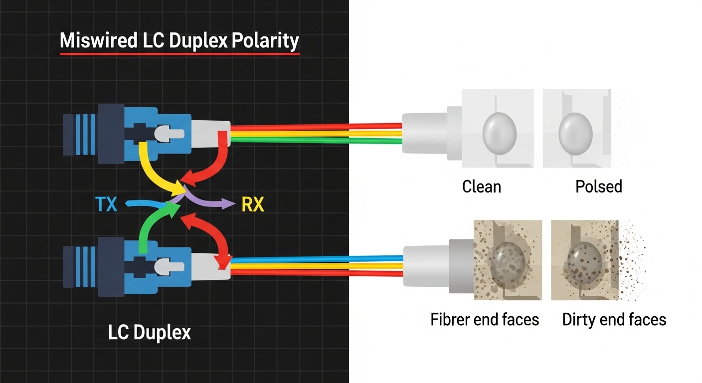 Illustrated troubleshooting diagram showing a miswired LC duplex polarity situation with arrows indicating TX/RX swap, clean 