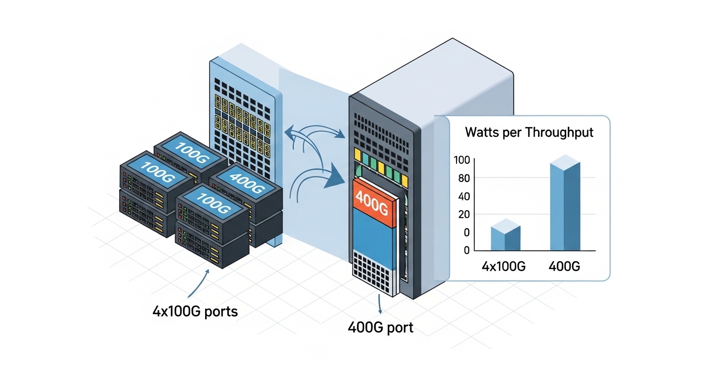 An isometric infographic illustration showing a rack with two scenarios: one with four 100G modules labeled as “4x100G ports”