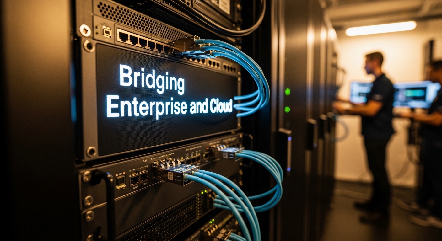 Lifestyle scene featuring SFP28 module, 25G SFP28 Transceivers: Bridging Enterprise and Cloud, warm ambient light, candid aut