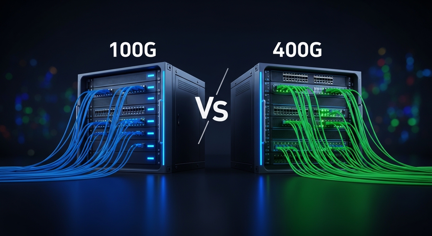 Cinematic editorial photograph of 100G vs 400G, Optical Transceiver Speeds: 1G to 400G Explained, dramatic lighting, photorea