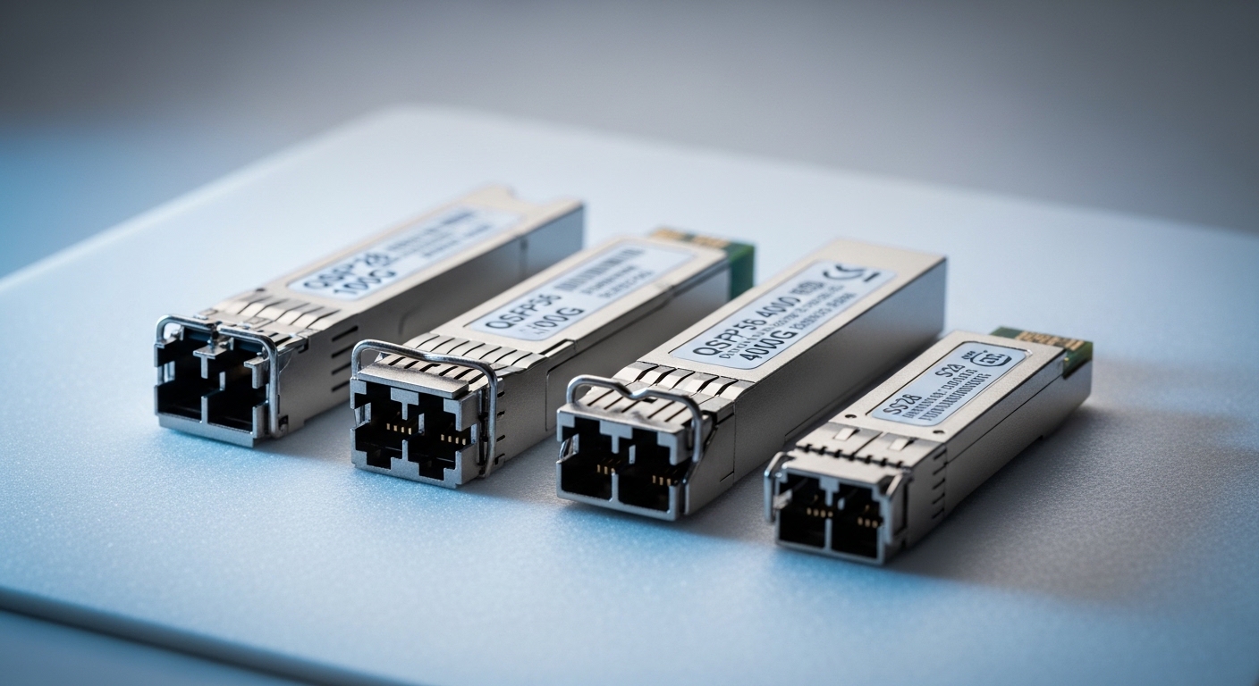 A high-resolution product photography scene on a clean antistatic mat: four optical transceiver modules (one QSFP28 100G, one
