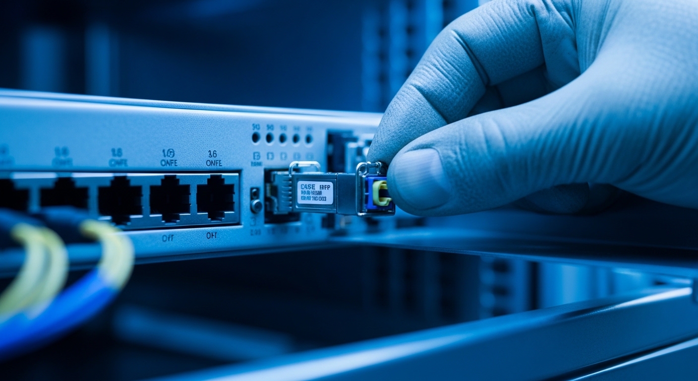 Close-up photography of an open network rack with an SFP cage in a managed Ethernet switch; a technician wearing gloves holds