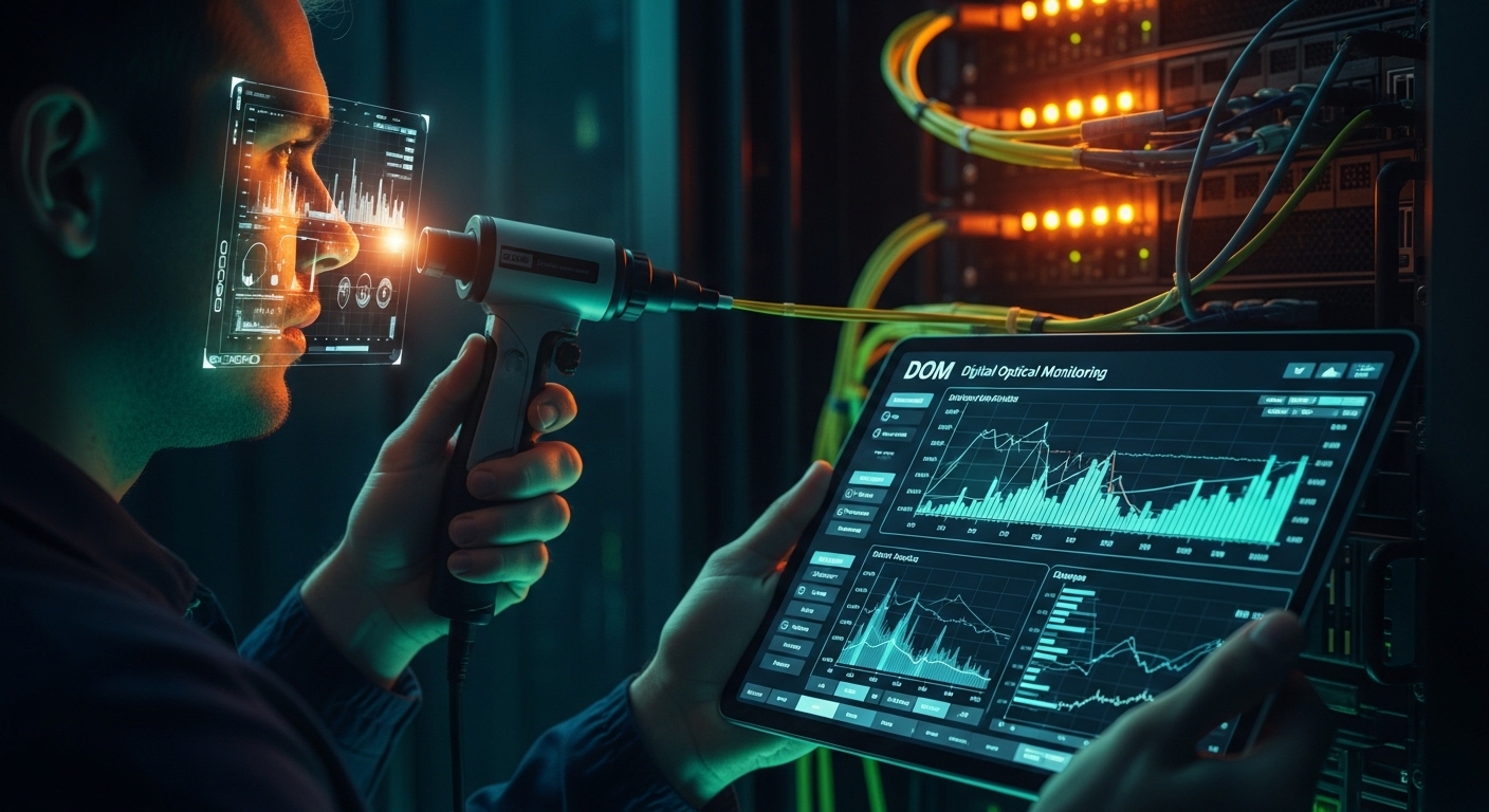 Concept art style scene of a data center rack during an incident response, with a technician holding a fiber inspection scope