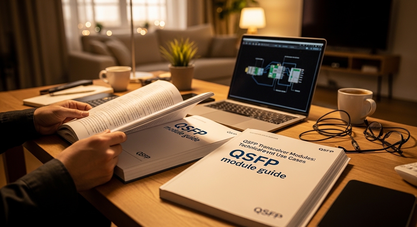Lifestyle scene featuring QSFP module guide, QSFP Transceiver Modules: Technical Overview and Use Cases, warm ambient light, 