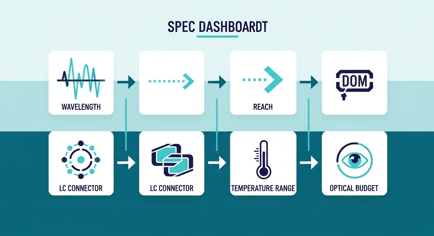 Vector illustration concept art showing a modular “spec checklist” dashboard; icons for wavelength, reach, DOM, LC connector,