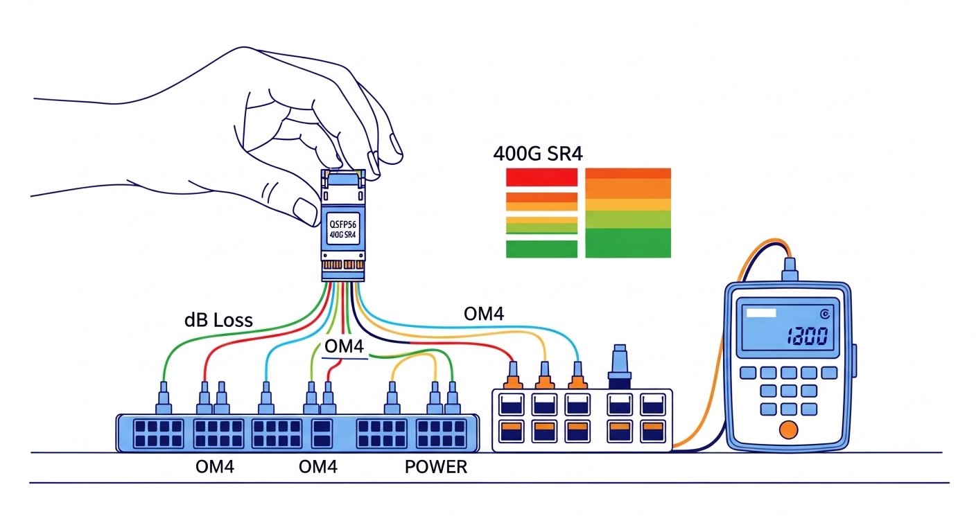 Clean lab bench illustration style: a hand holding a QSFP56 400G SR4 module above an optical power meter and a fiber patch pa