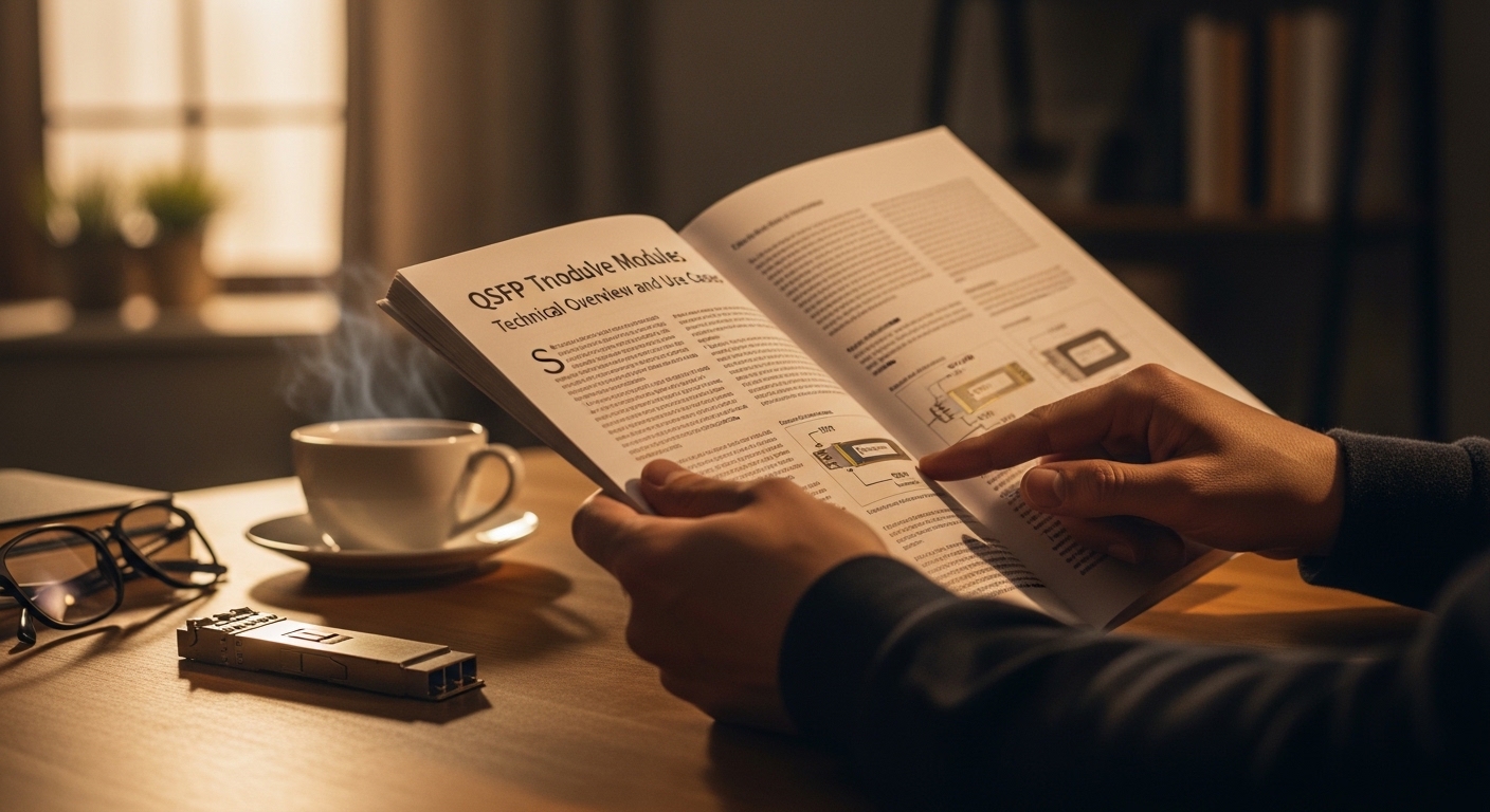 Lifestyle scene featuring QSFP module guide, QSFP Transceiver Modules: Technical Overview and Use Cases, warm ambient light, 