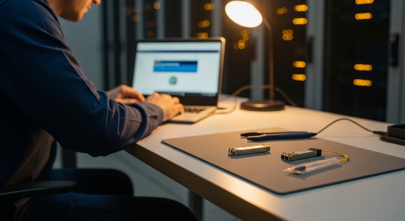 Lifestyle scene with a field engineer at a server room workbench; laptop open to switch diagnostics while an SFP module and f
