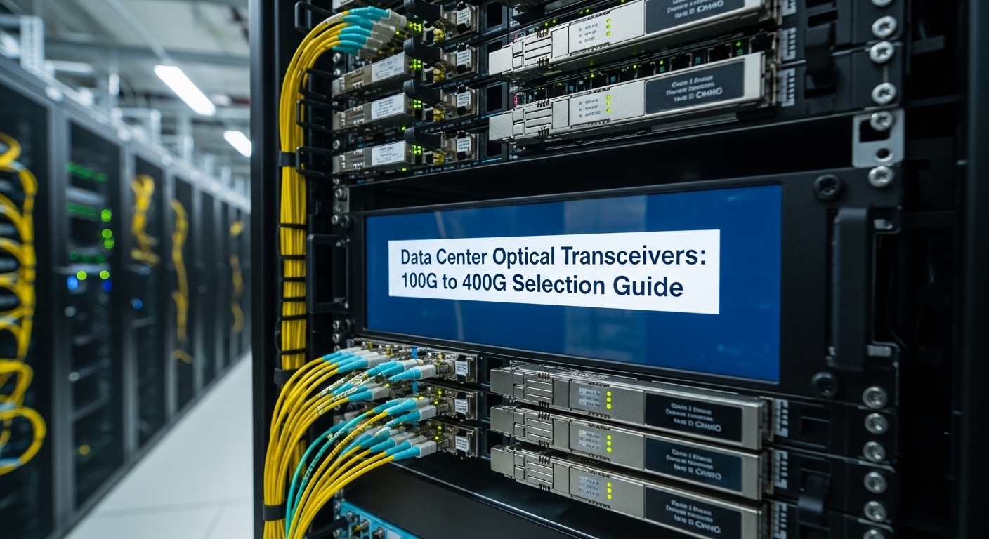 Documentary-style photo of data center transceiver, Data Center Optical Transceivers: 100G to 400G Selection Guide, natural l