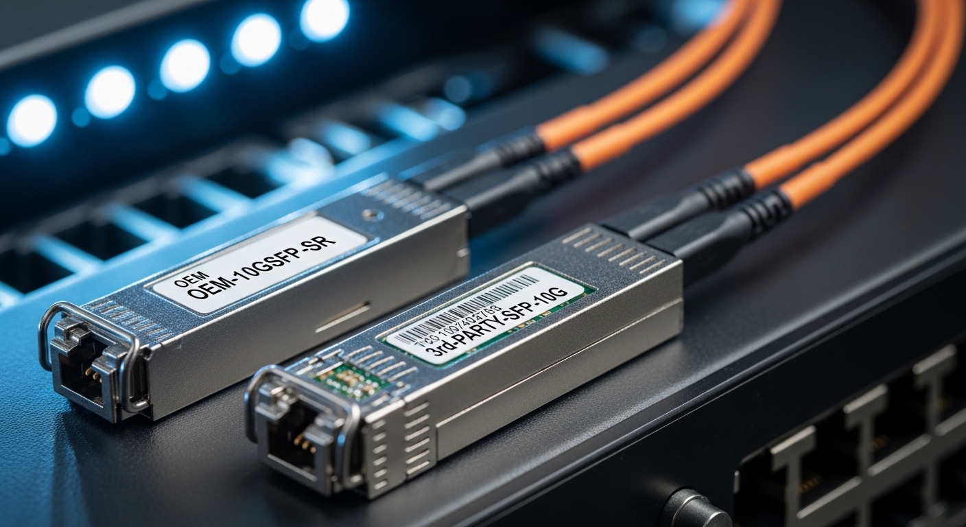 Close-up photography of two 10G SFP transceivers side-by-side on an open switch bench, one labeled OEM part number and the ot