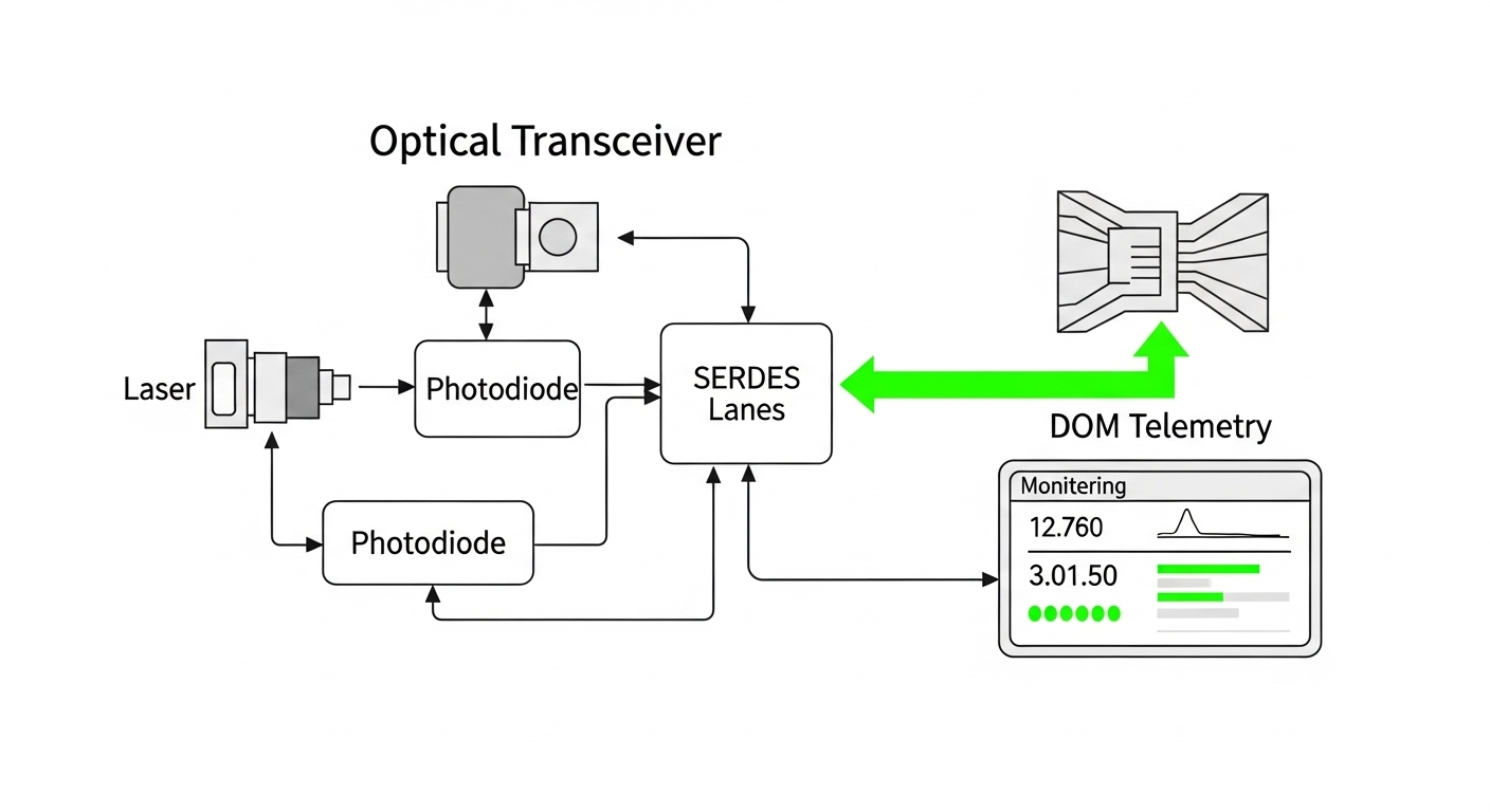 Vector illustration concept art showing an optical transceiver block diagram with laser, photodiode, SERDES lanes, and a DOM 