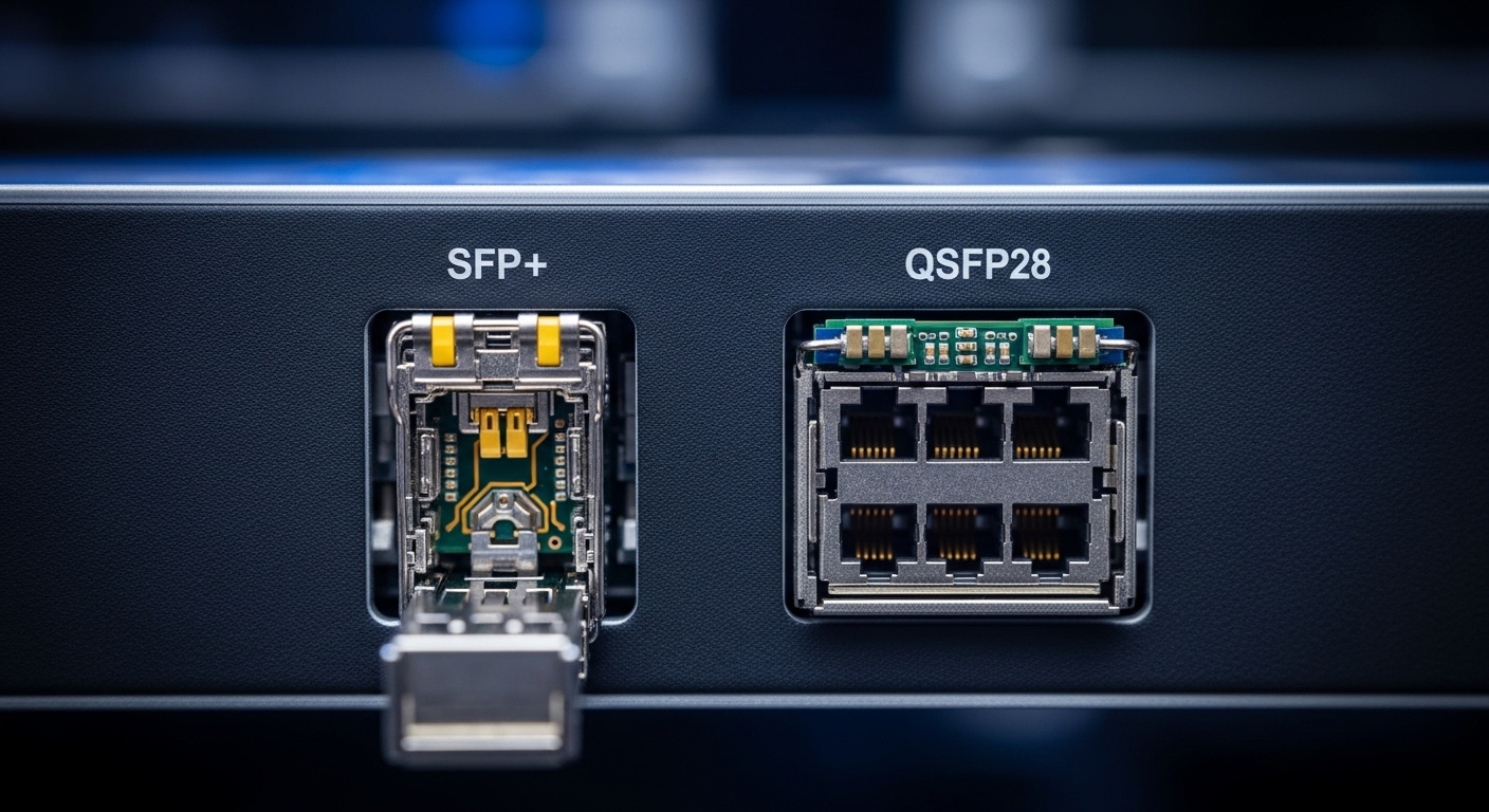 Macro photography of two open optical transceiver cages on a server switch faceplate, showing fiber connectors and PCB traces