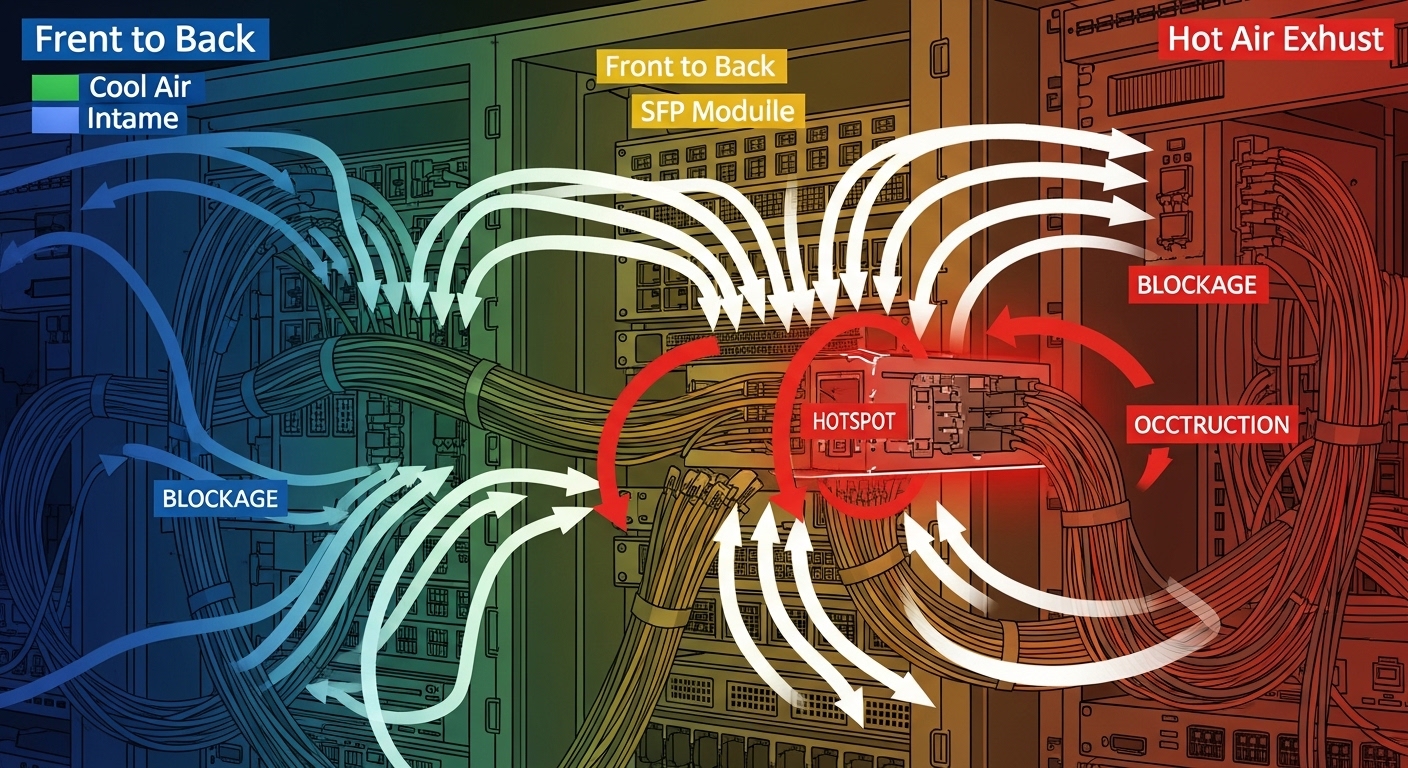 Illustrated concept art showing a data center rack airflow map with color-coded thermal zones, an SFP module highlighted as a