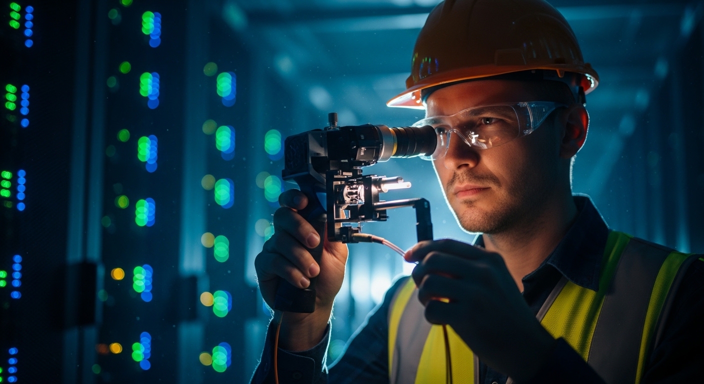 Lifestyle scene with an engineer in a server room late at night, wearing PPE and holding a fiber inspection scope, with glowi