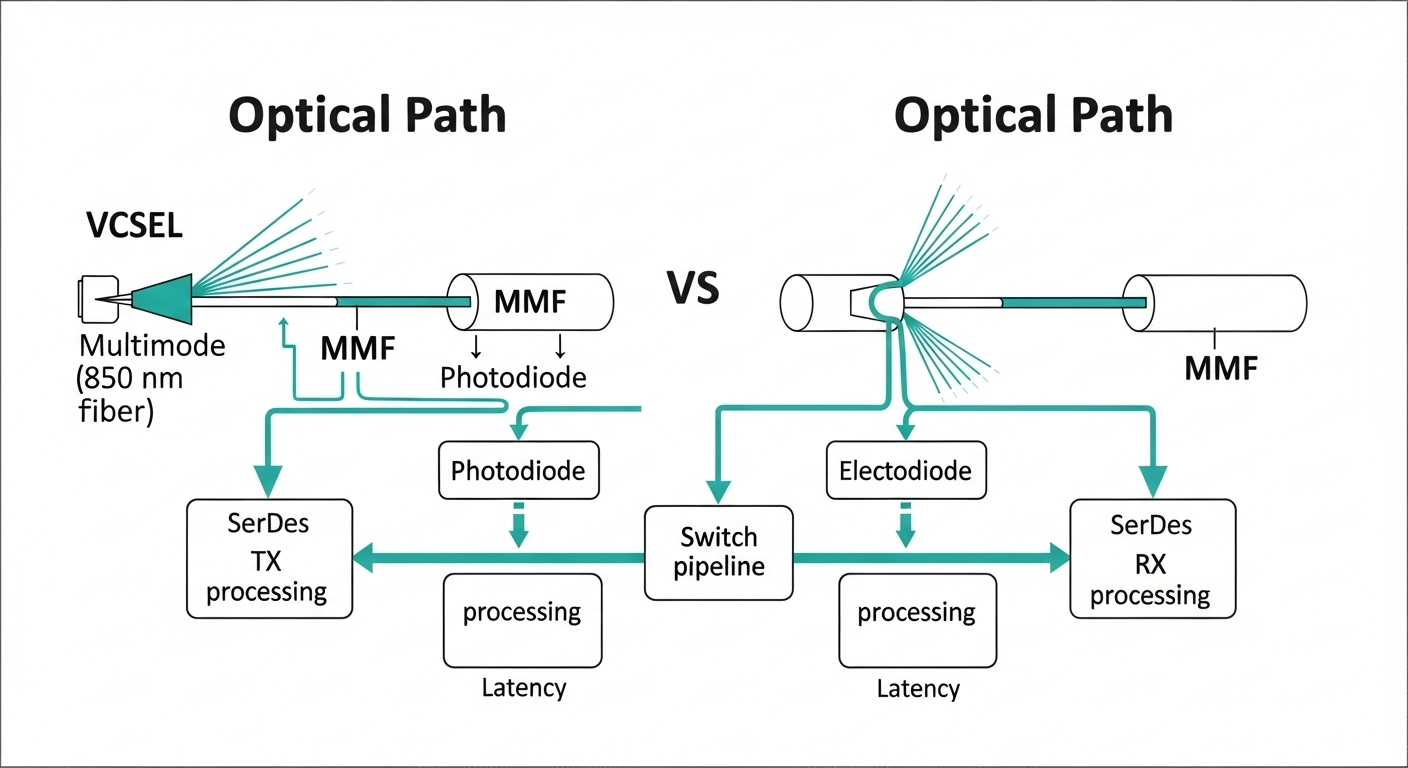 Vector illustration comparing optical paths: a left diagram of VCSEL at 850 nm through MMF, then photodiode conversion, then 