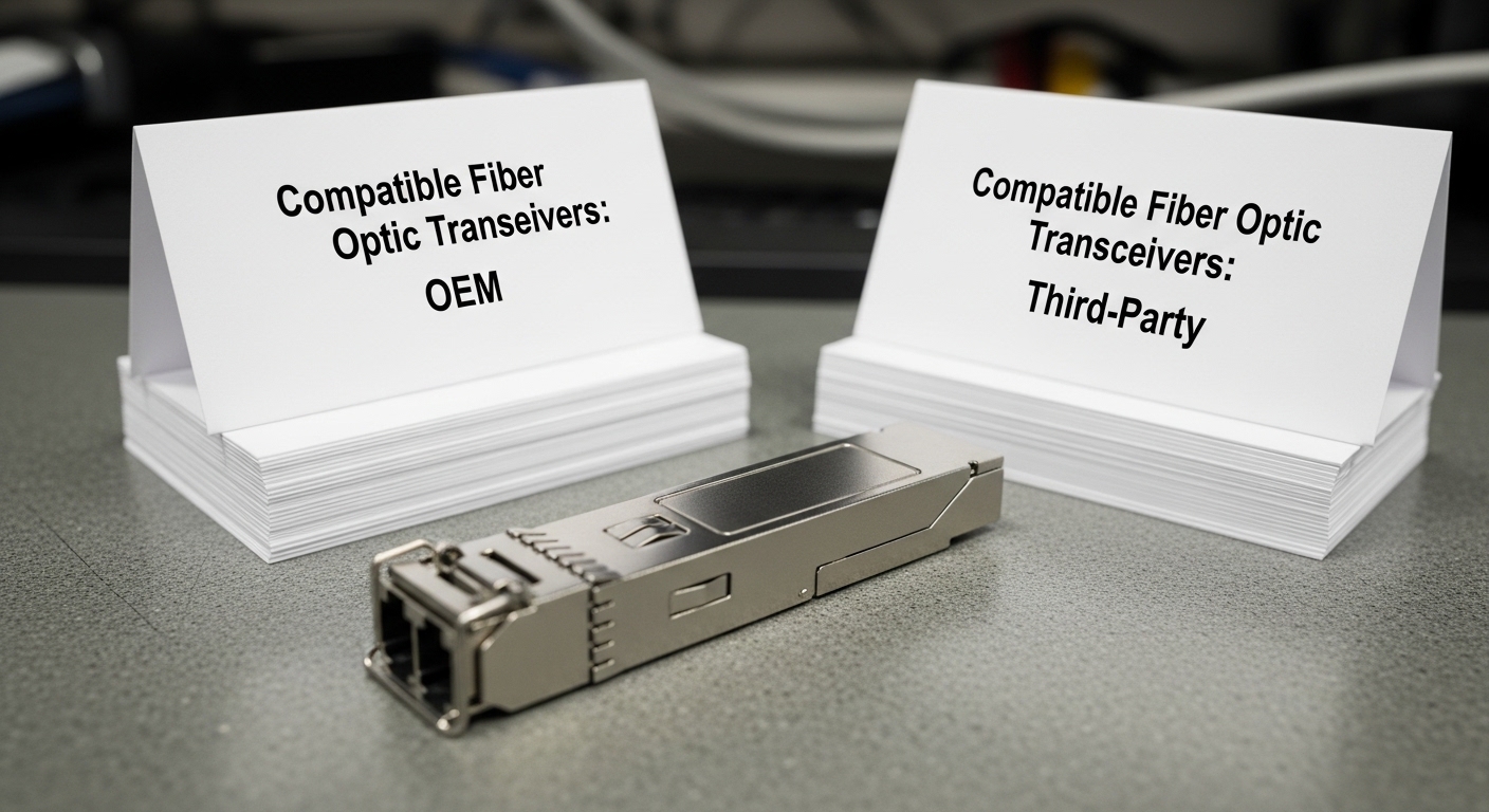Documentary-style photo of generic SFP module, Compatible Fiber Optic Transceivers: OEM vs Third-Party, natural lighting, aut