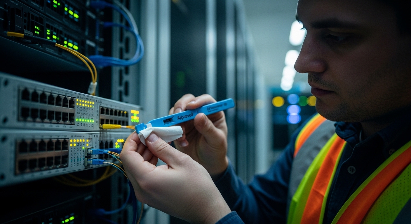 Photorealistic lifestyle scene inside a trading datacenter: a field engineer in high-visibility vest cleaning an LC duplex co