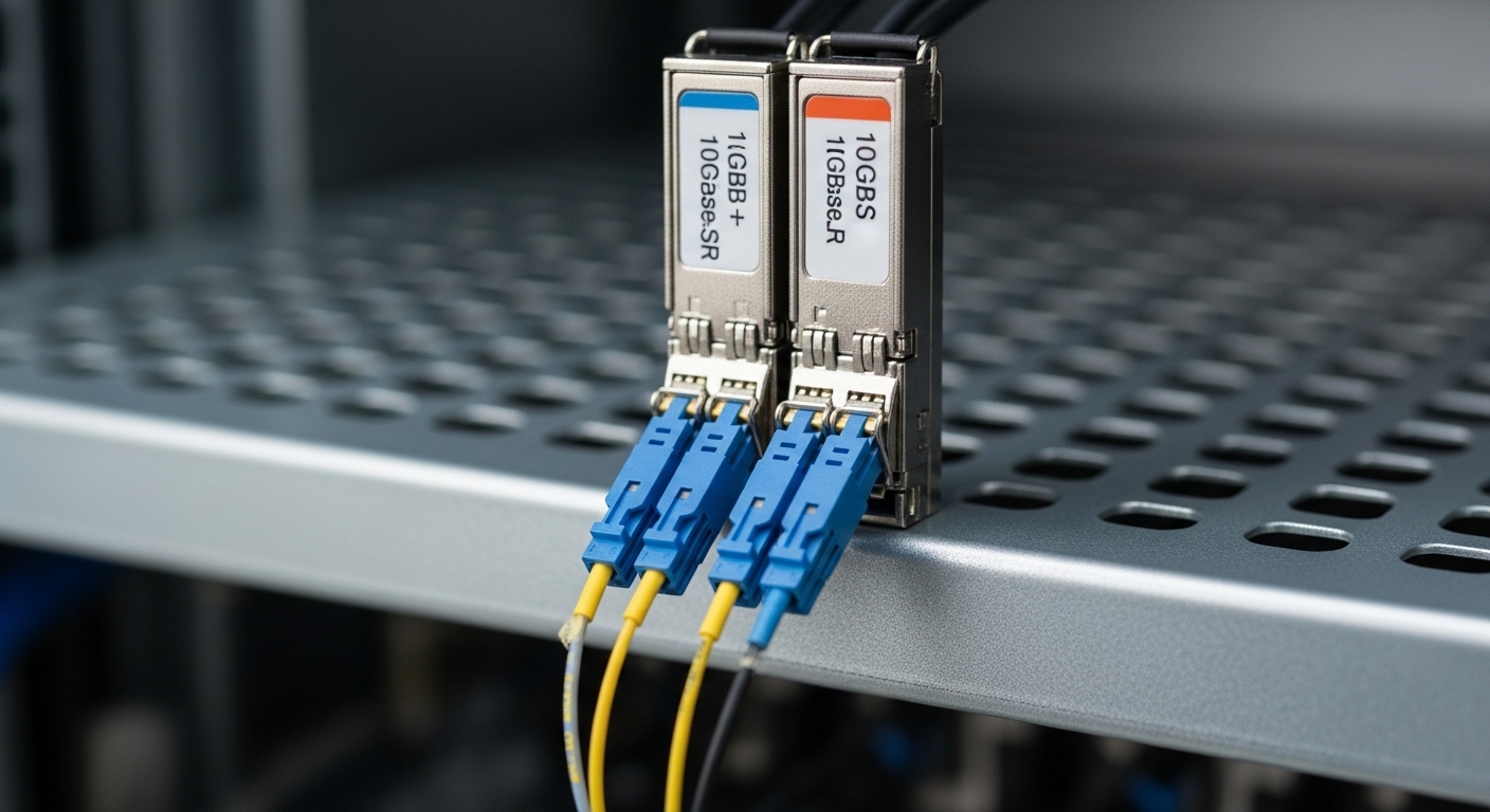 A close-up photography scene inside a server rack, showing two SFP+ transceiver modules side-by-side on a grounded metal shel