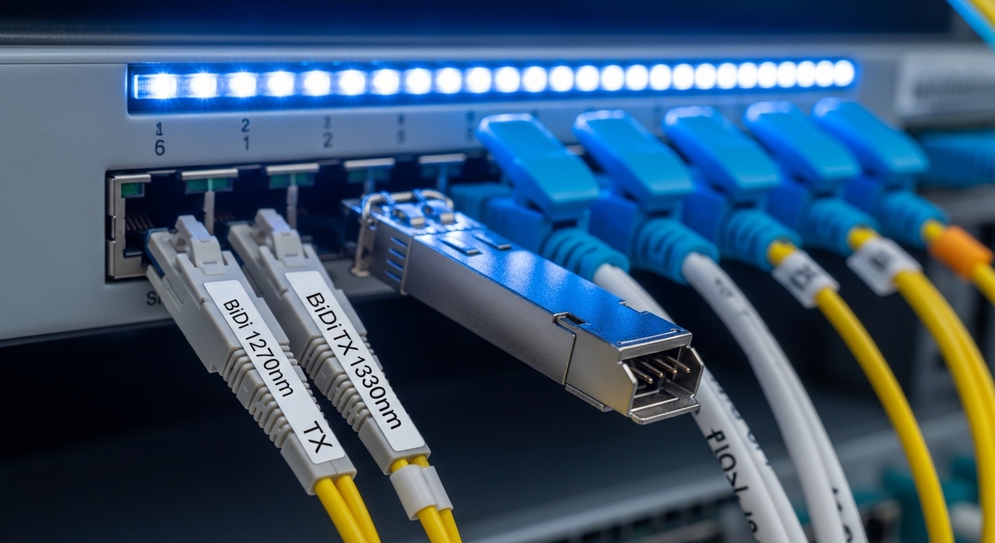 Close-up photography inside a data center fiber patch bay: two LC connectors labeled for BiDi SFP+ wavelengths, an SFP+ trans