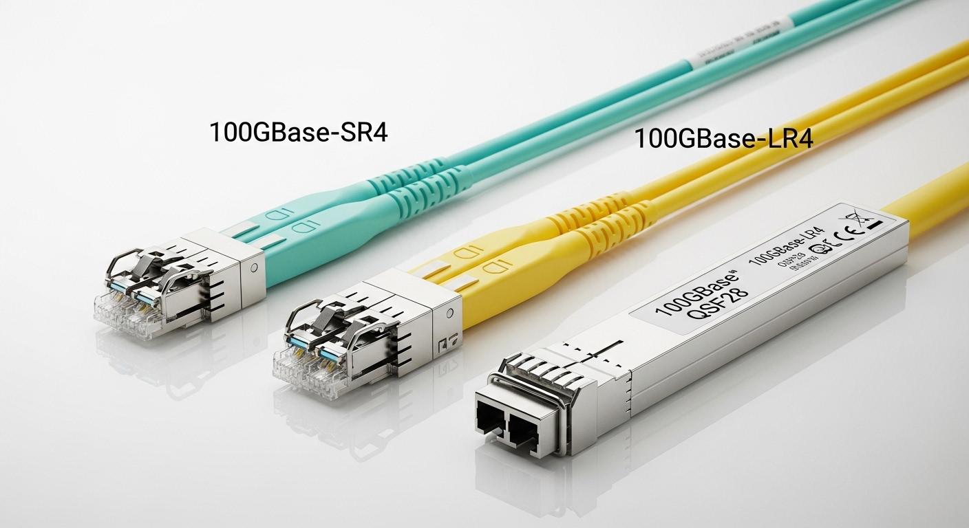 Professional product photography of MPO fiber cable, 100GBase-SR4 vs 100GBase-LR4 QSFP28: Data Center Cabling, clean backgrou
