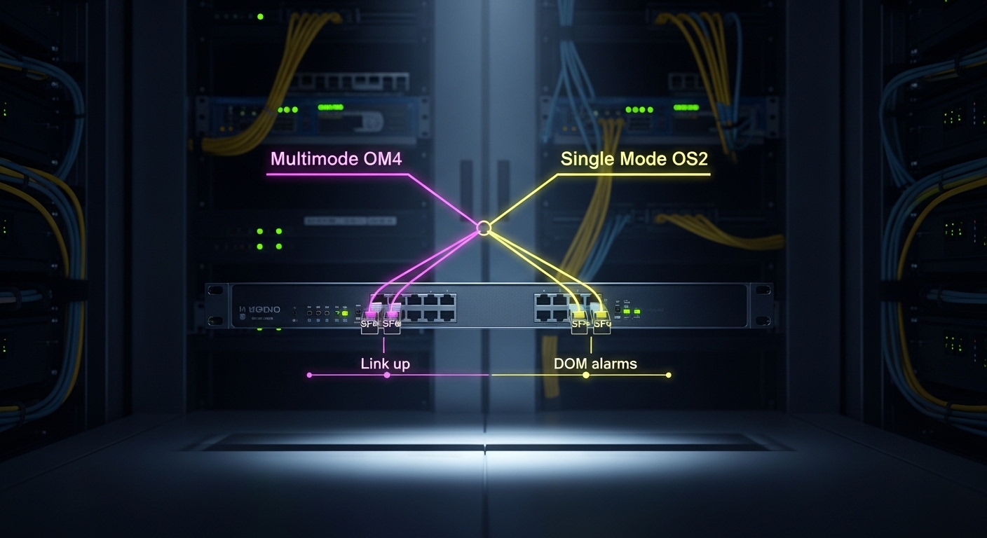 Concept art illustration of a fiber network diagram floating over a photorealistic wiring closet; two colored pathways labele