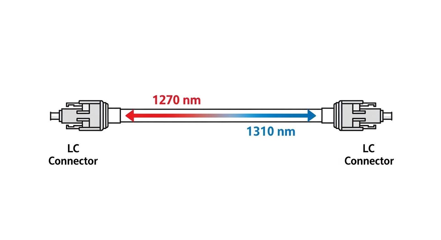 Vector illustration concept showing bidirectional light paths: one fiber strand with two colored arrows (1270 nm and 1310 nm)