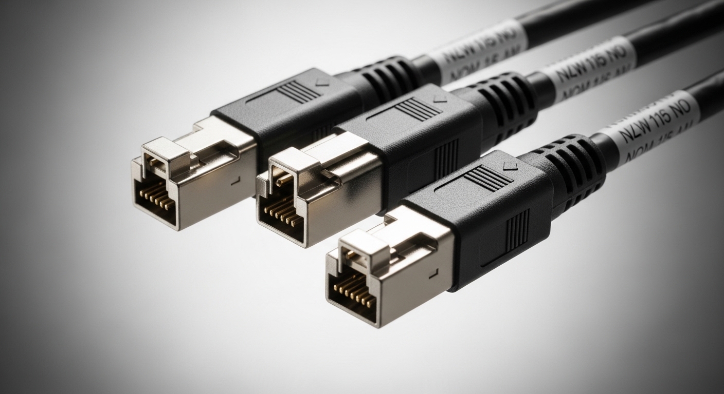 Professional product photography of MPO fiber cable, 100GBase-SR4 vs 100GBase-LR4 QSFP28: Data Center Cabling, clean backgrou
