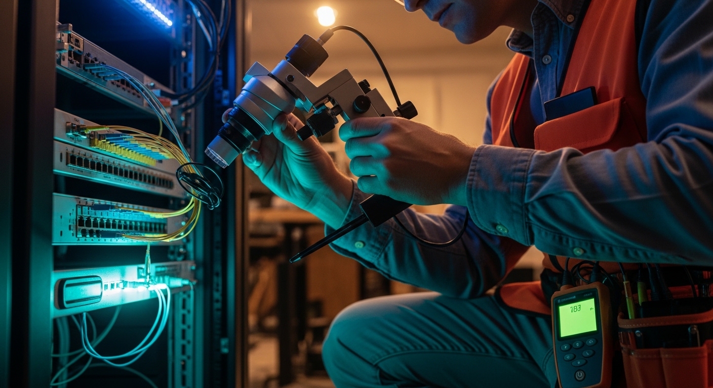 Photorealistic lifestyle scene of a field engineer wearing safety glasses, kneeling by a patch panel; they hold a fiber optic