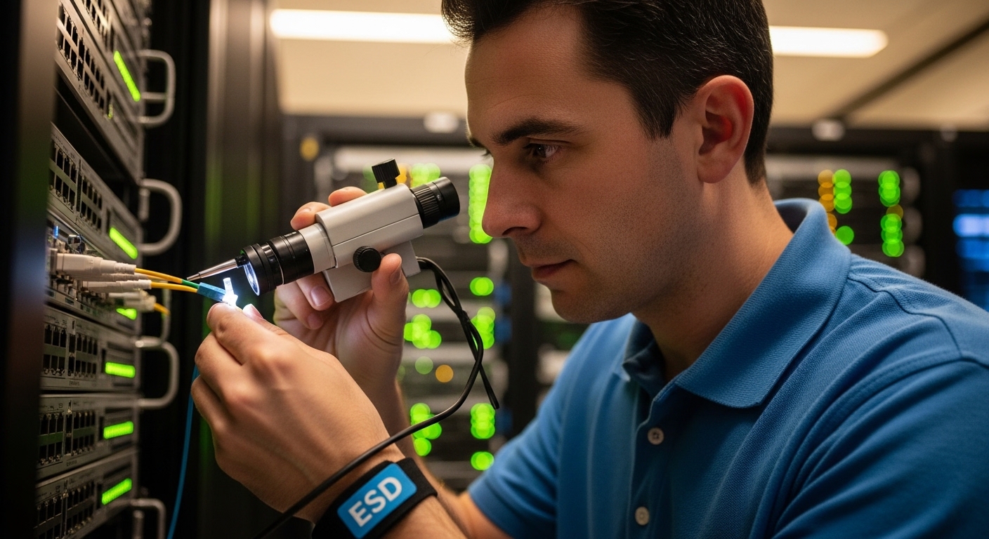 Lifestyle scene in a server room: a field engineer wearing an ESD wrist strap uses a handheld fiber inspection microscope on 