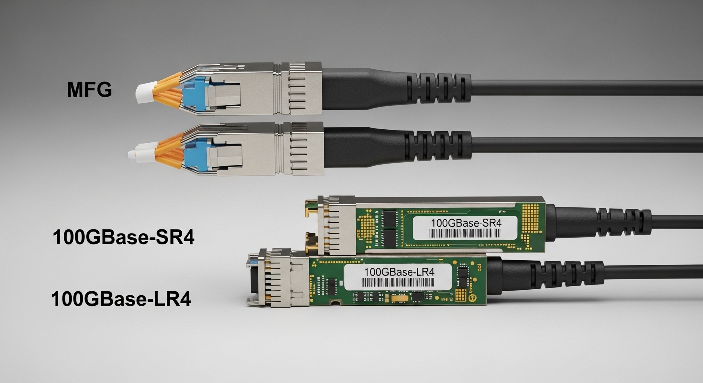 Professional product photography of MPO fiber cable, 100GBase-SR4 vs 100GBase-LR4 QSFP28: Data Center Cabling, clean backgrou