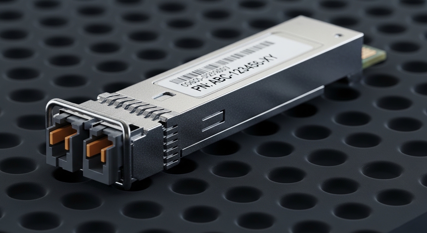 Macro photography of a fiber channel SFP transceiver module on an anti-static mat, connectors facing camera, visible printed 