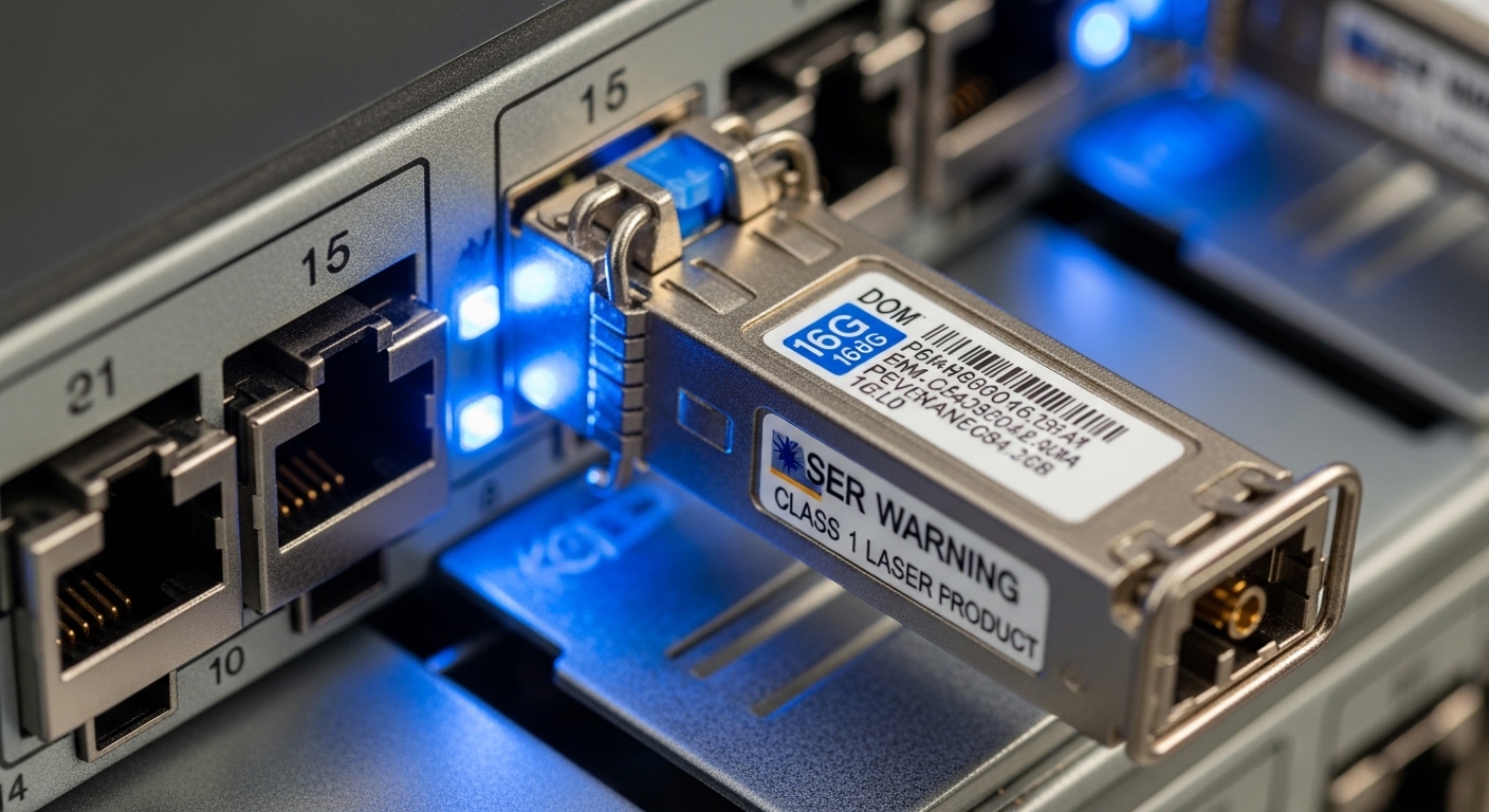 Close-up macro photography of a pluggable Fiber Channel SFP transceiver with LC connector inserted into a 16G SAN switch port