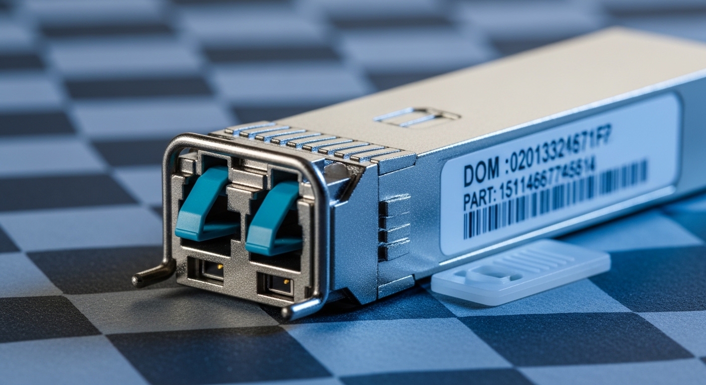 Macro photography of a fiber channel SFP transceiver module on an antistatic mat, showing the LC duplex connector, laser aper