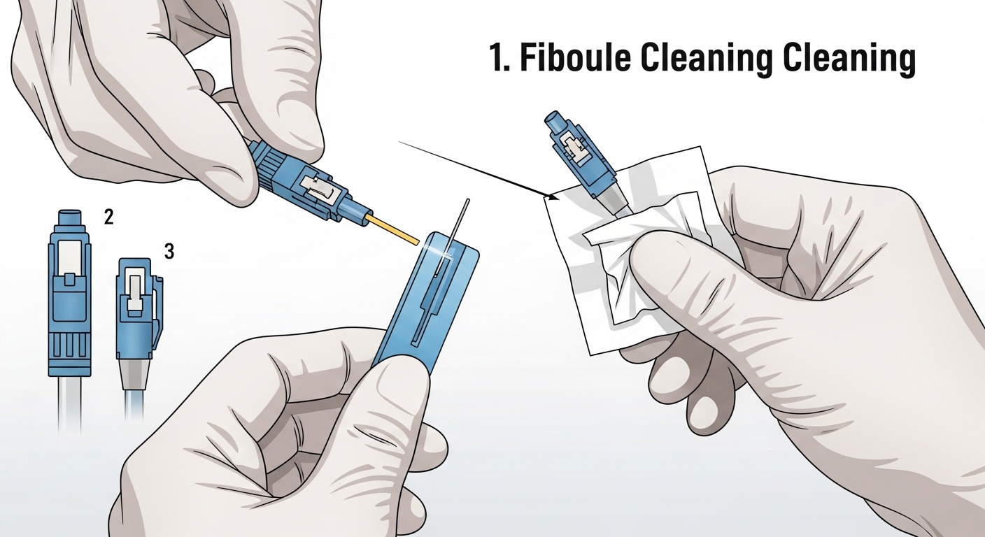 Clean-room style illustration showing a ferrule cleaning process: gloved hands using a fiber cleaning cassette and alcohol-fr