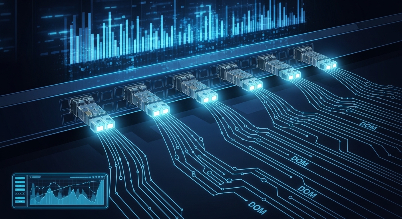 Illustrated concept art showing a SAN switch backplane with multiple fiber channel SFP modules represented as glowing nodes, 