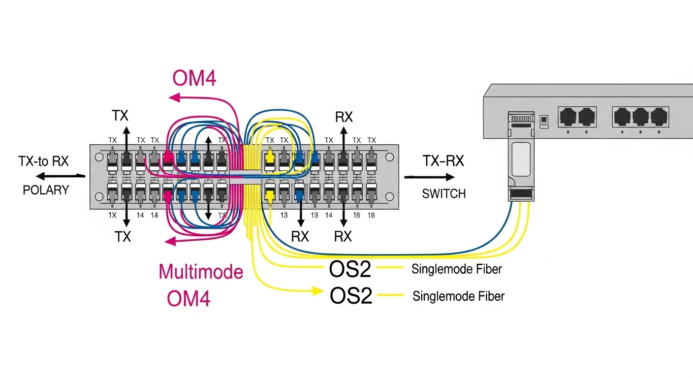 Diagram-style illustration of a SAN fiber patch panel with LC duplex connectors, showing TX-to-RX polarity arrows, labeled OM