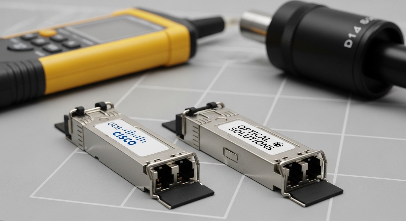 Product-style photography of two identical-looking LC Fiber Channel SFP modules side-by-side on an anti-static mat, one OEM-b