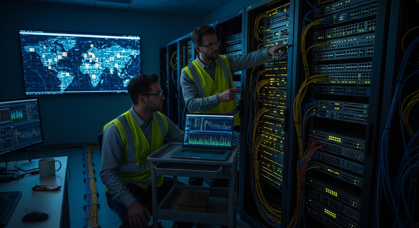 Wide lifestyle photo of a network operations room at night: engineers in high-visibility vests beside a rack of FC switches w