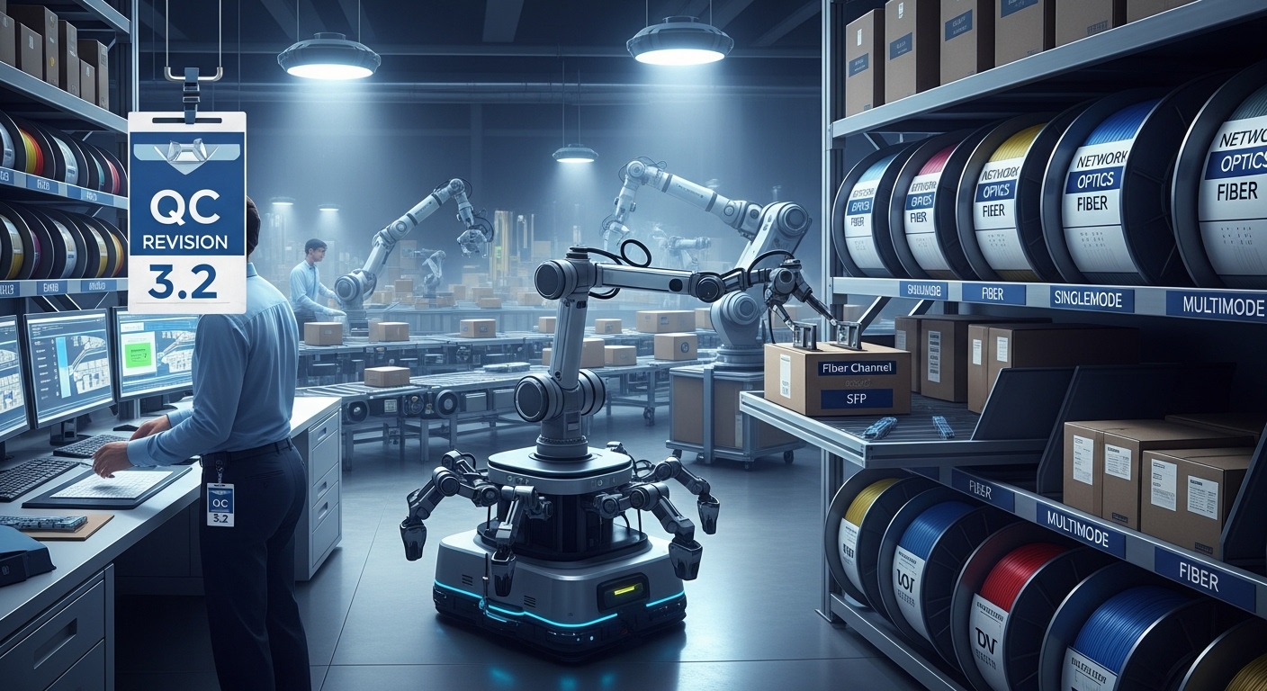 Concept art scene of a warehouse fulfillment workflow for network optics, with labeled reels of fiber, a small robotic picker